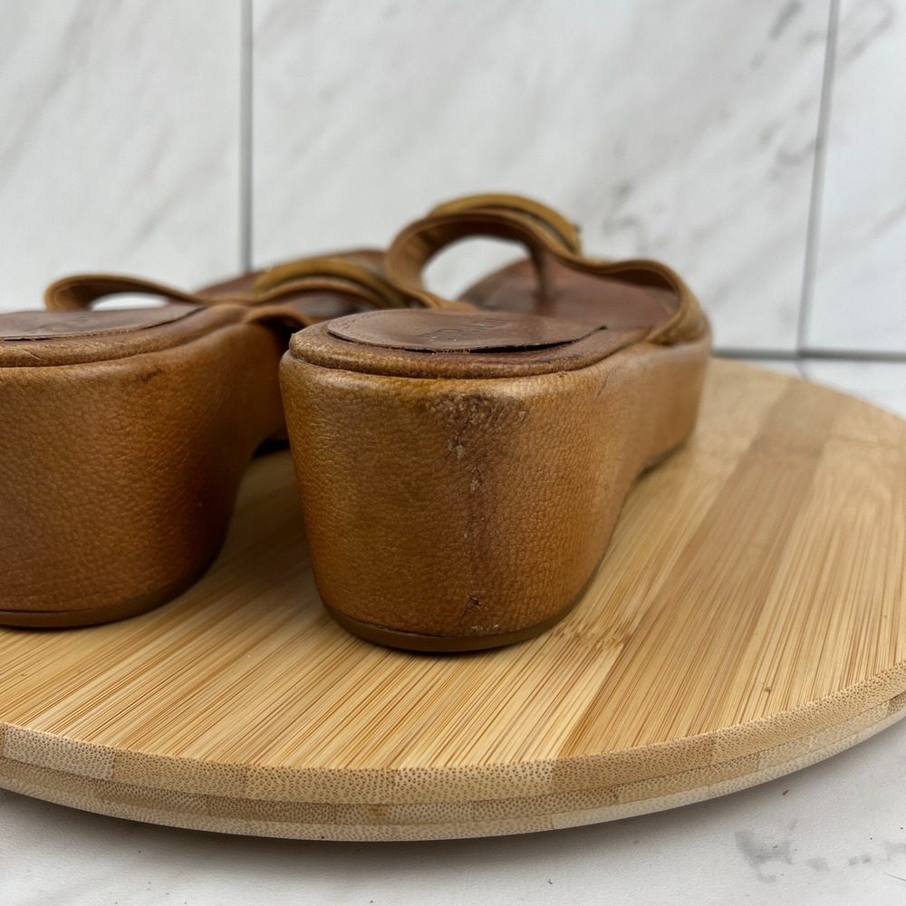 VTG Y2K Prada Womens Size 7.5 EU 37.5 Brown Tan Logo Wood Platform Wedge Sandals - Picture 2 of 11